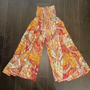 Art Silk Extra Wide Leg Boho Pants Gold Detail Small 100% Silk Hippie Festival